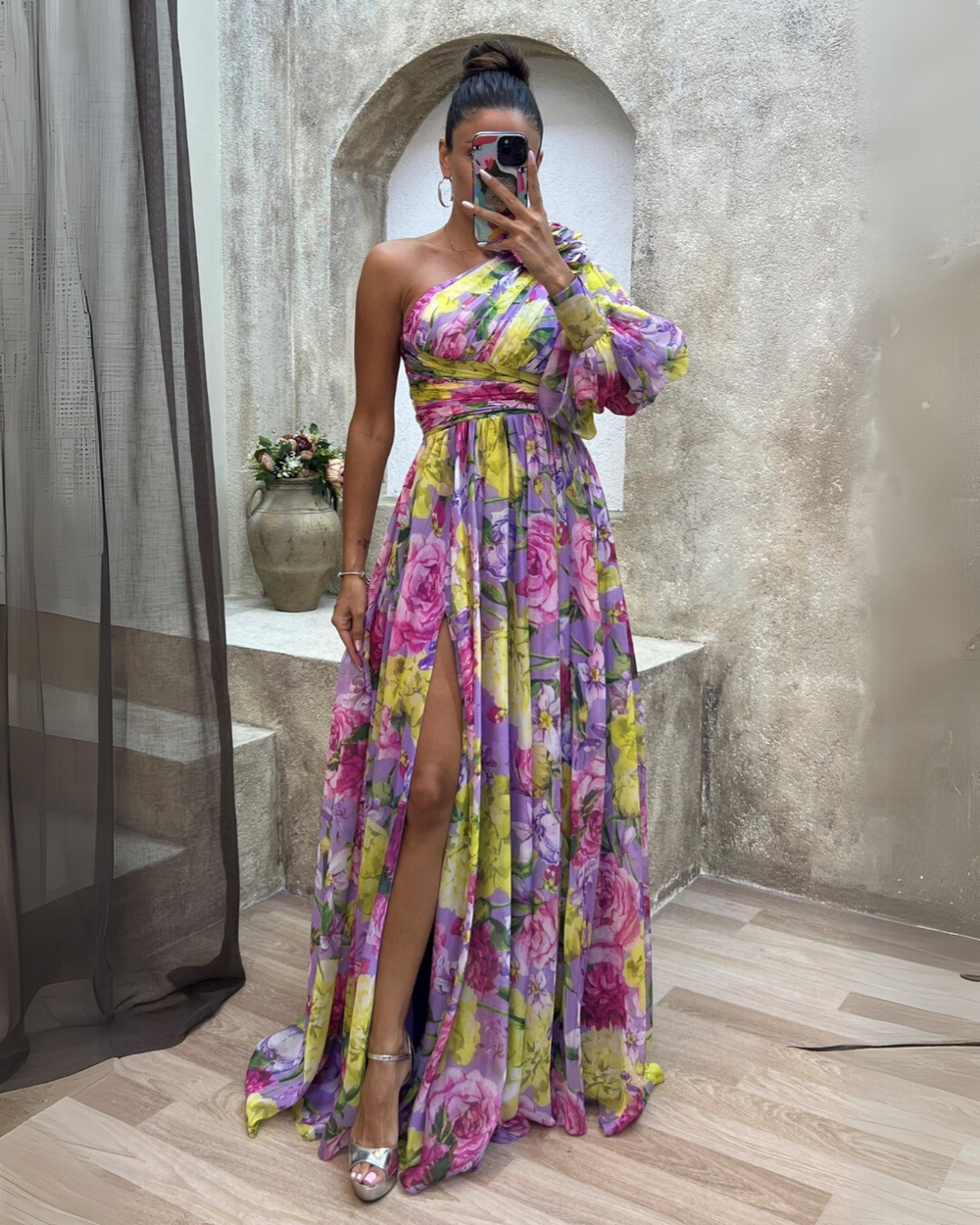 Leonilde | Vestido Comprido Floral de Um Ombro