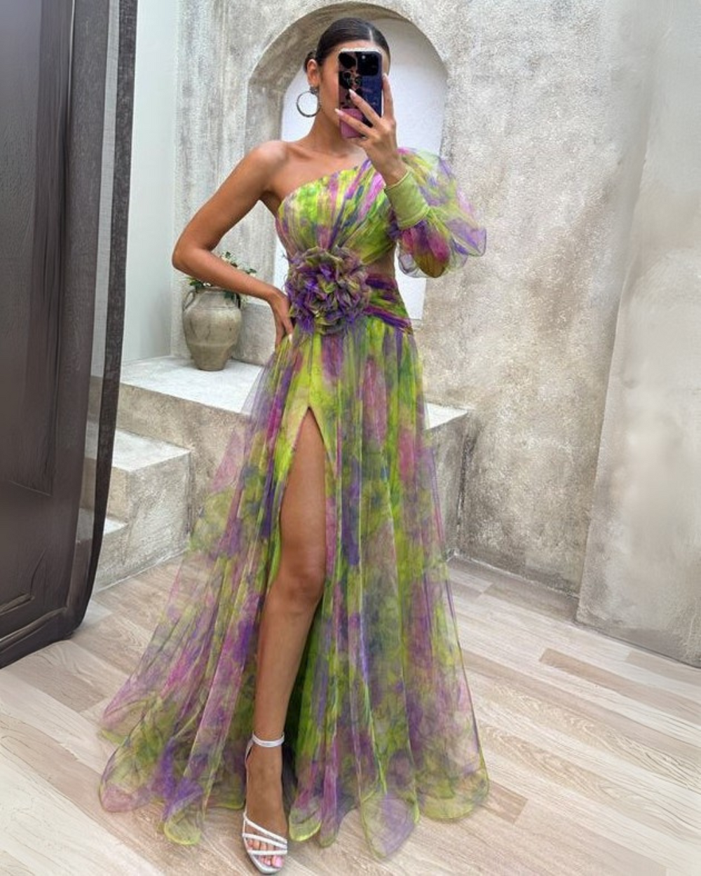 Odete | Vestido de Gala Floral de Um Ombro
