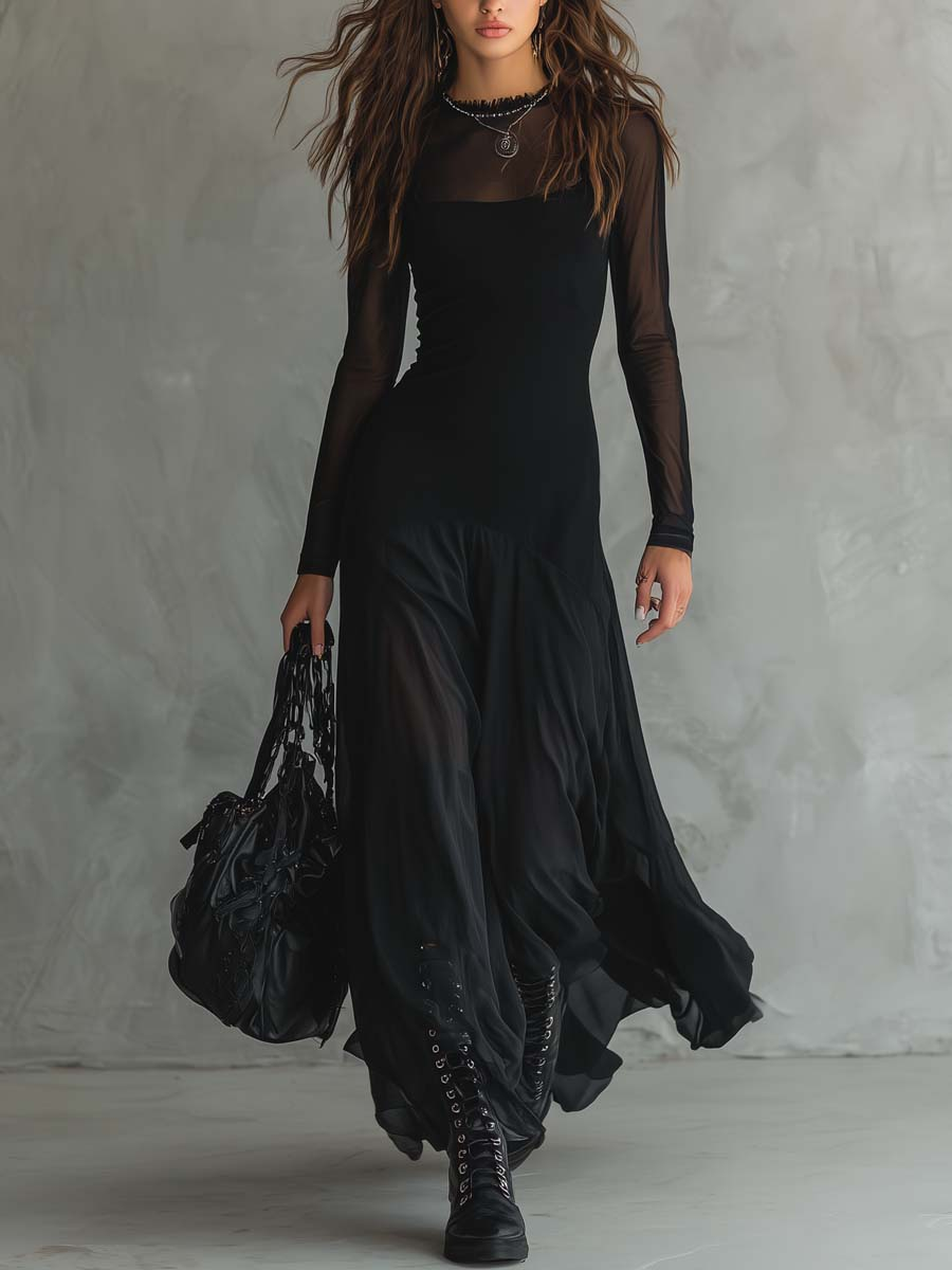 Nina - Vestido maxi preto em tule de corte solto