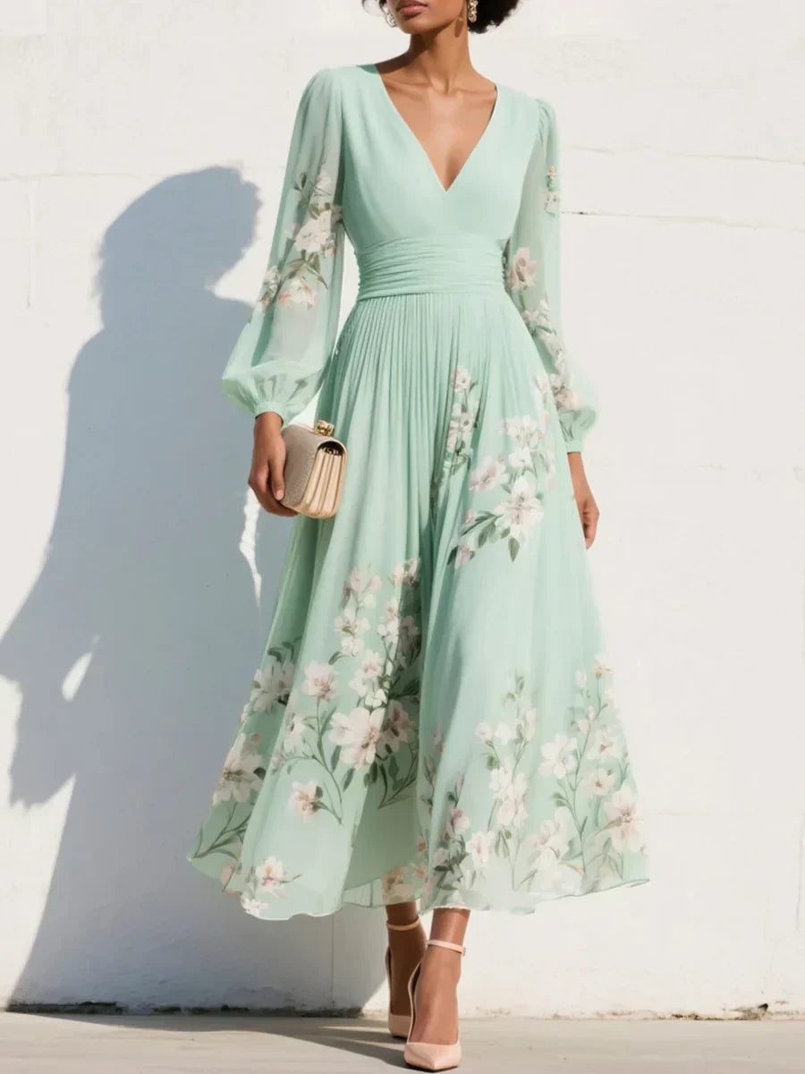Elga - Vestido maxi plissado em chiffon com padrão floral