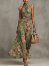 Lídia | Vestido Comprido Floral de Decote Halter