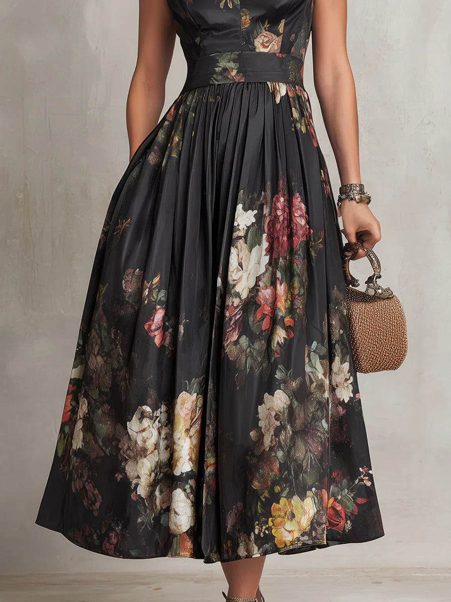 Elsa - Vestido midi plissado com padrão floral