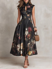 Elsa - Vestido midi plissado com padrão floral