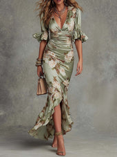 Débora | Vestido Comprido Floral com Mangas de Folhos