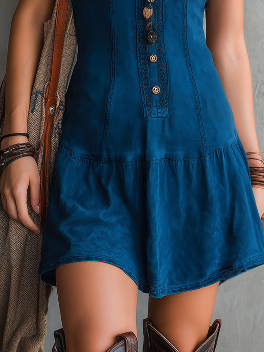 Indigo mini obleka brez rokavov z V-izrezom in gumbi