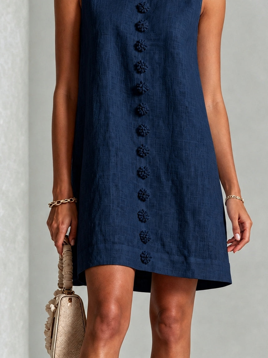 Mornarsko modra mini obleka brez rokavov s cvetovi in gumbi