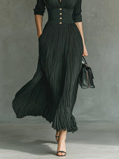 Helena | Vestido Comprido Plissado com Lapela e Cintura Subida