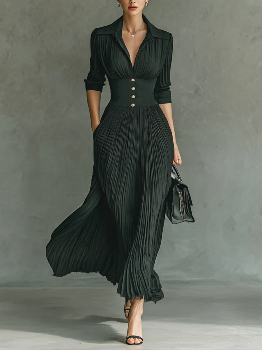 Helena | Vestido Comprido Plissado com Lapela e Cintura Subida