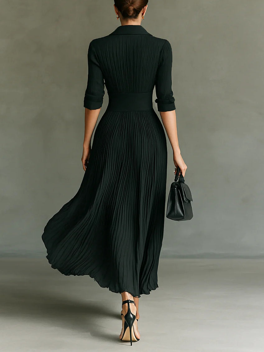 Helena | Vestido Comprido Plissado com Lapela e Cintura Subida