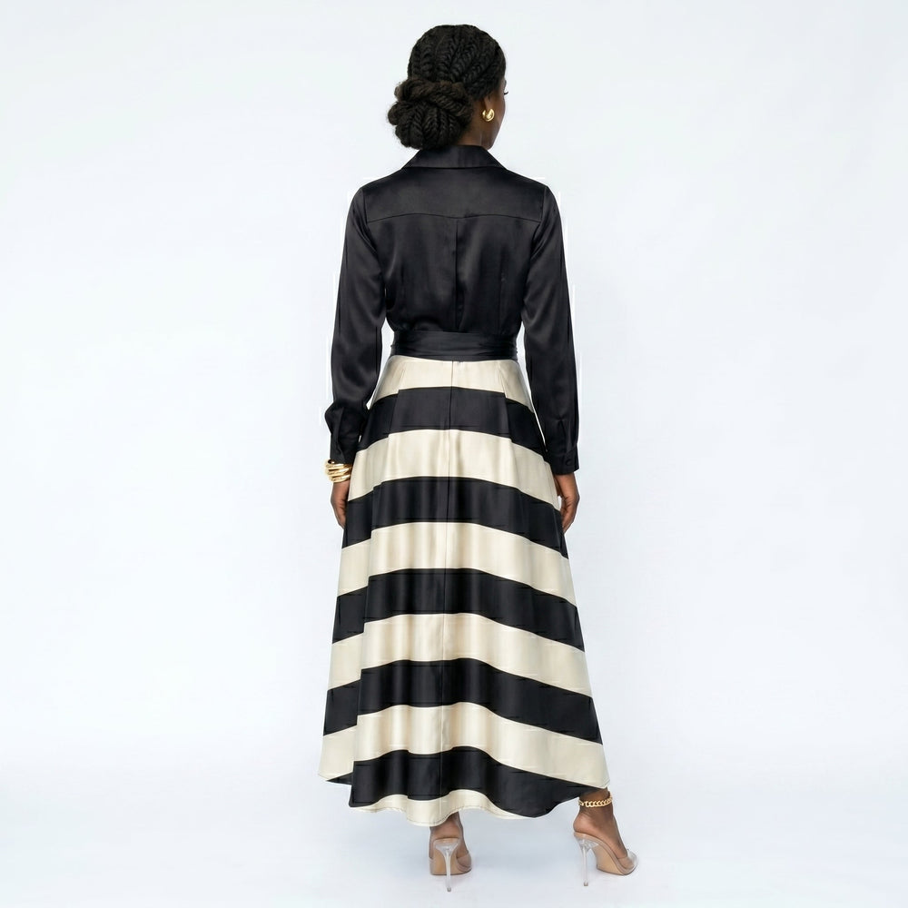 Beatriz – Vestido de Cetim às Riscas Elegante