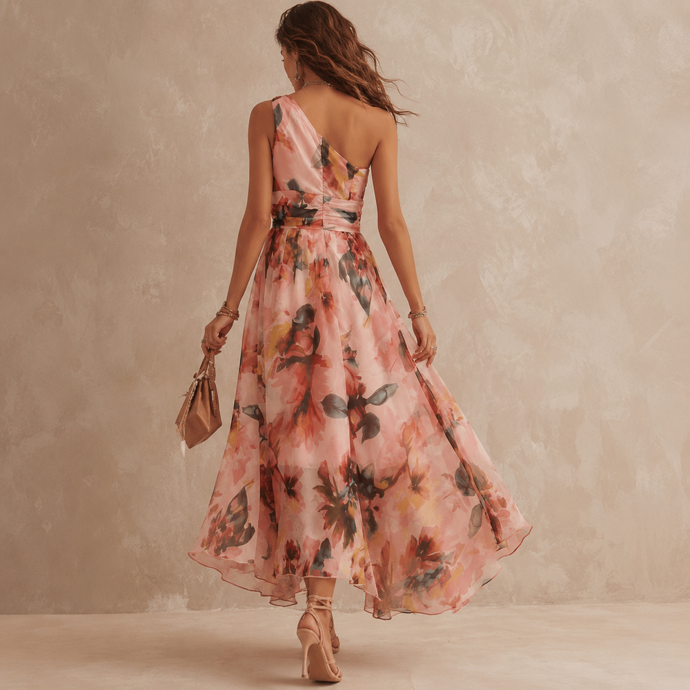 Aurora | Vestido Floral Assimétrico de Um Ombro