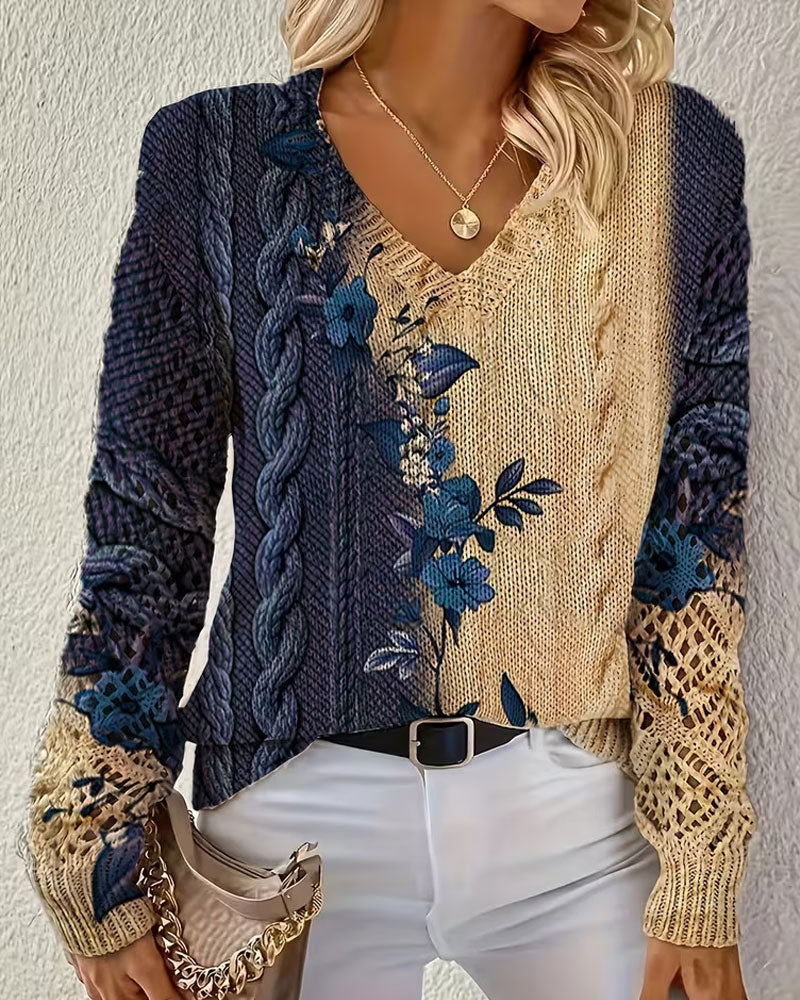 Cvetlični pulover z barvnimi bloki in V-izrezom