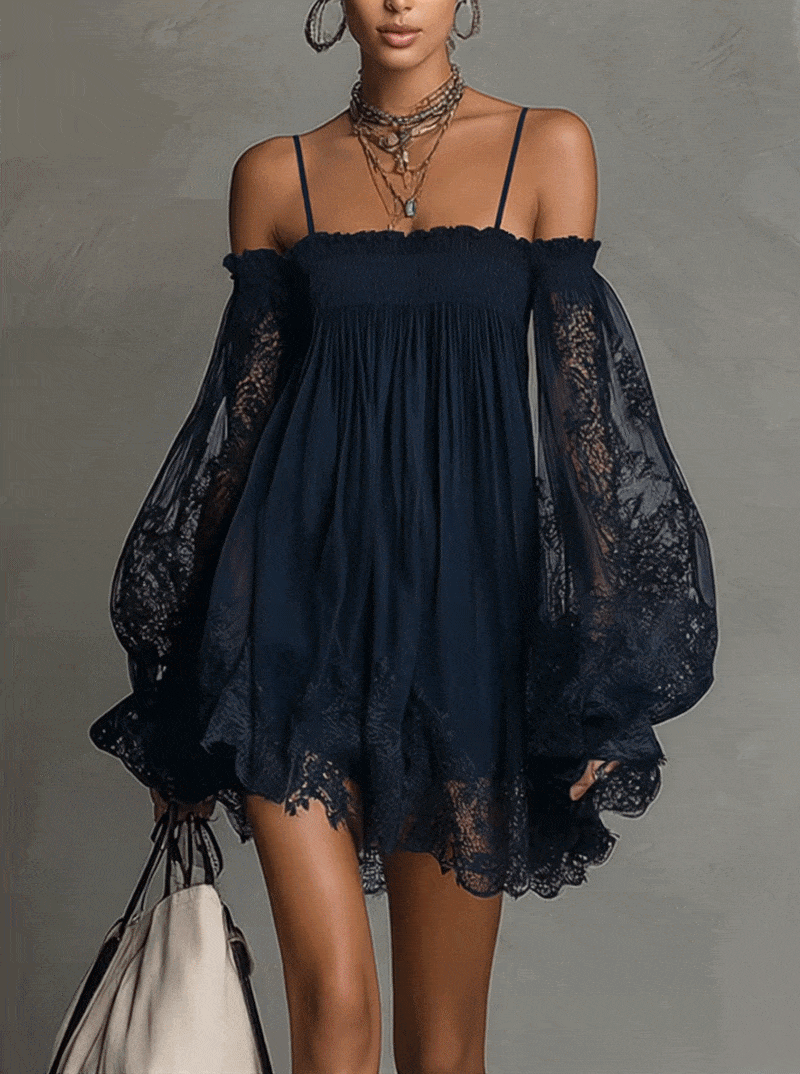 Nádia - Vestido mini com ombros à mostra e renda