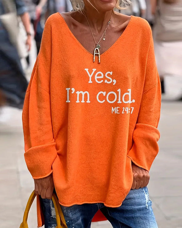Camisola Larga com Decote em V e Texto Estampado