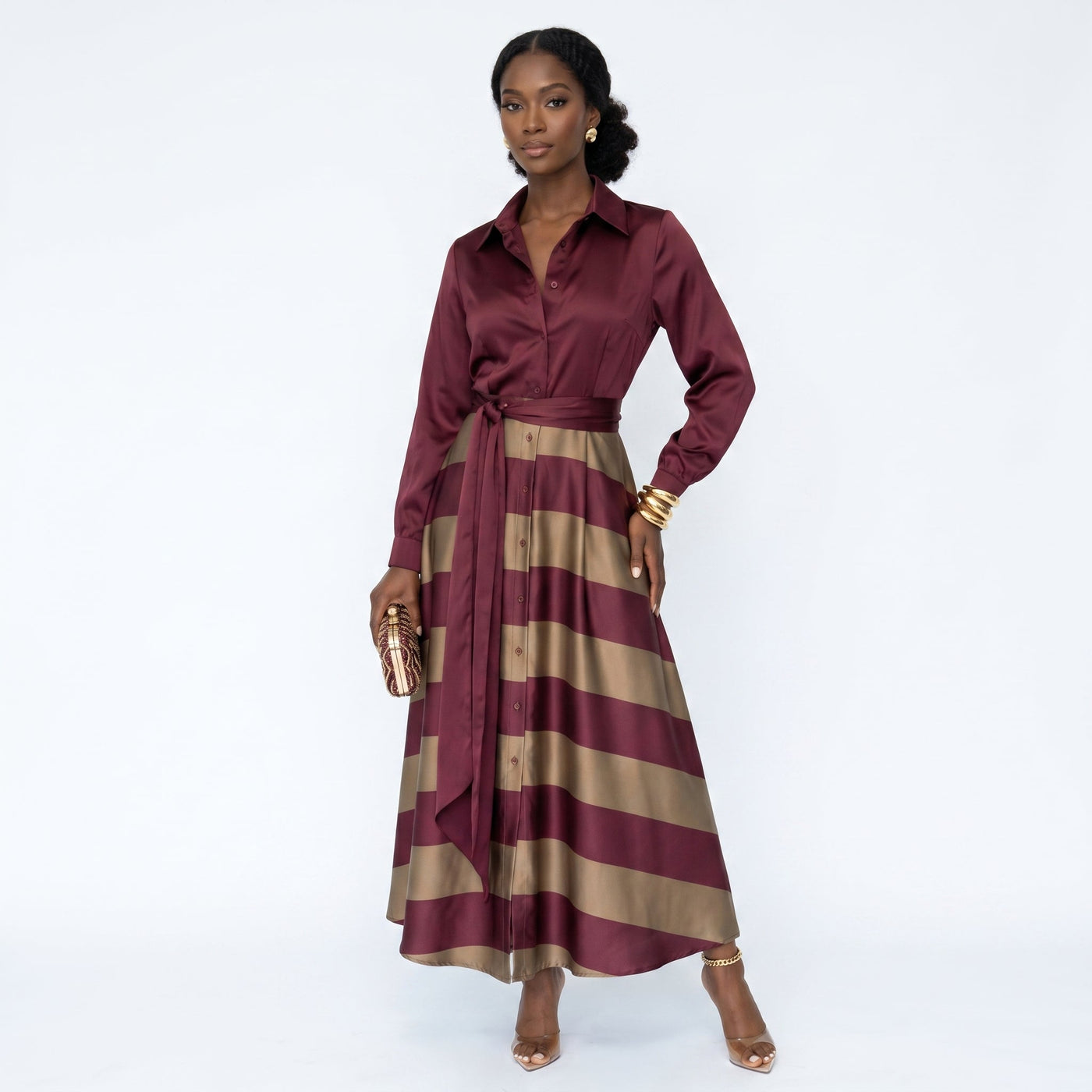 Beatriz – Vestido de Cetim às Riscas Elegante