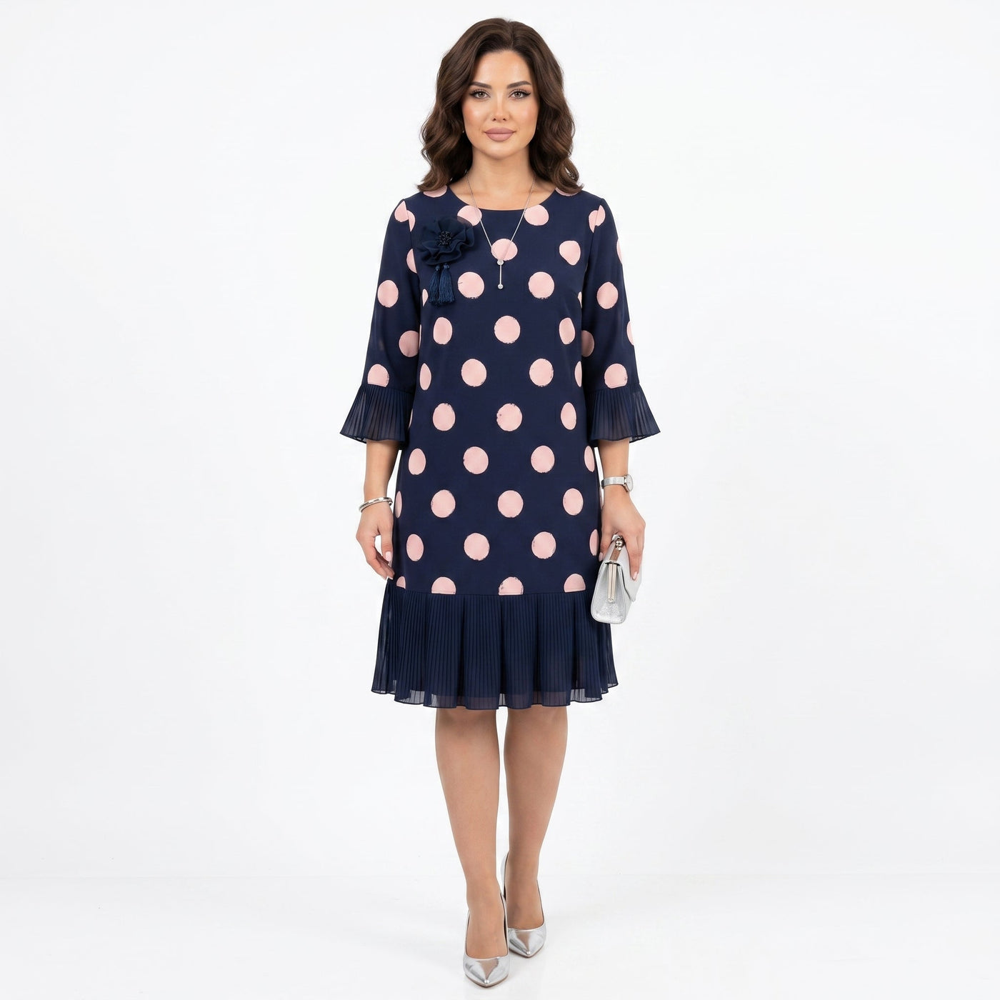 Clara - Vestido Azul Marinho às Bolinhas com Detalhe de Folhos