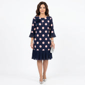 Clara - Vestido Azul Marinho às Bolinhas com Detalhe de Folhos