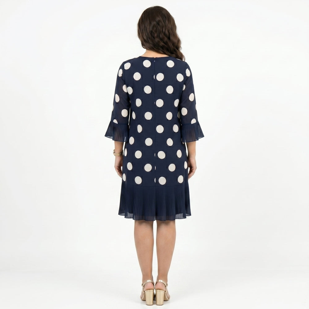 Clara - Vestido Azul Marinho às Bolinhas com Detalhe de Folhos