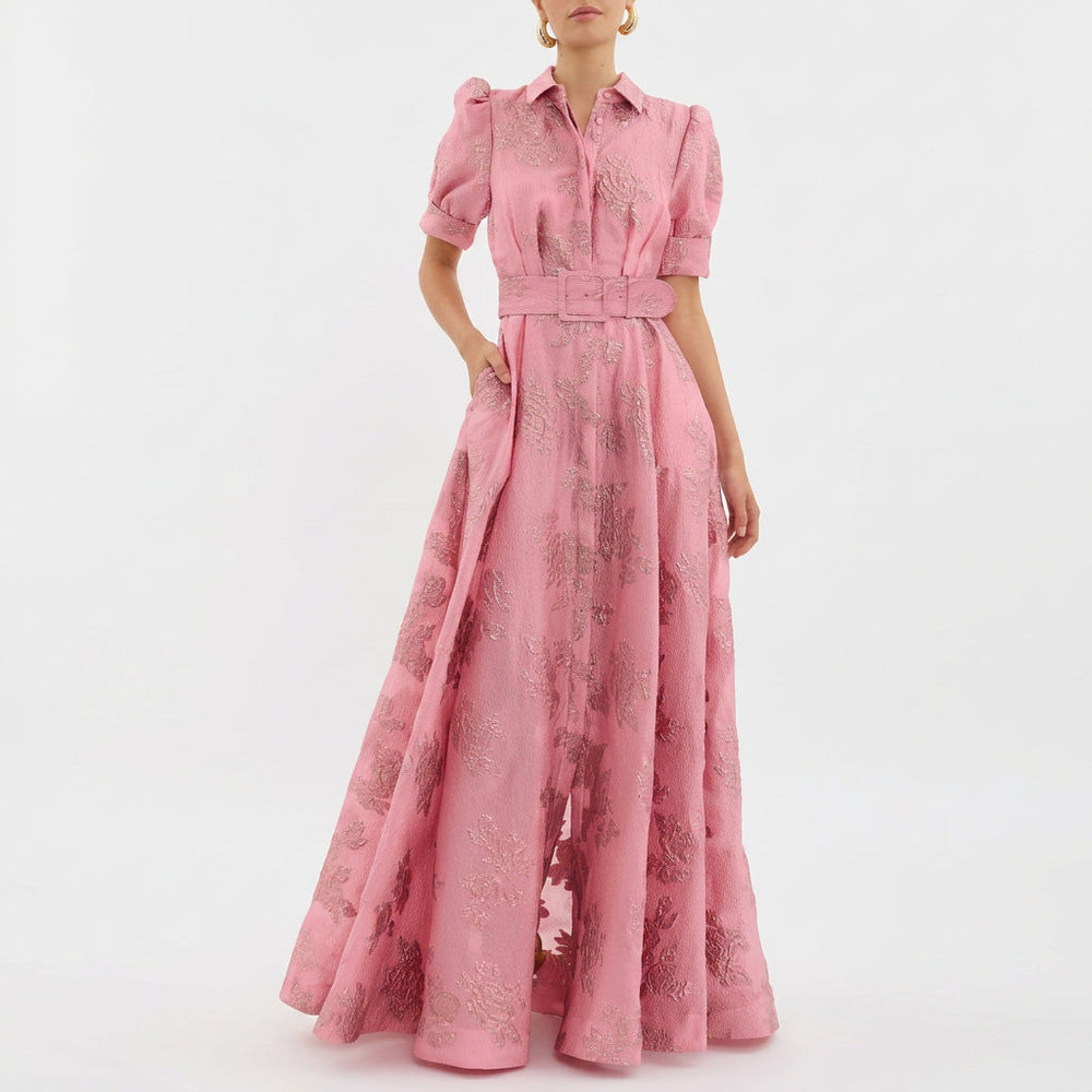 Matilde - Vestido Longo em Jacquard Floral com Cinto