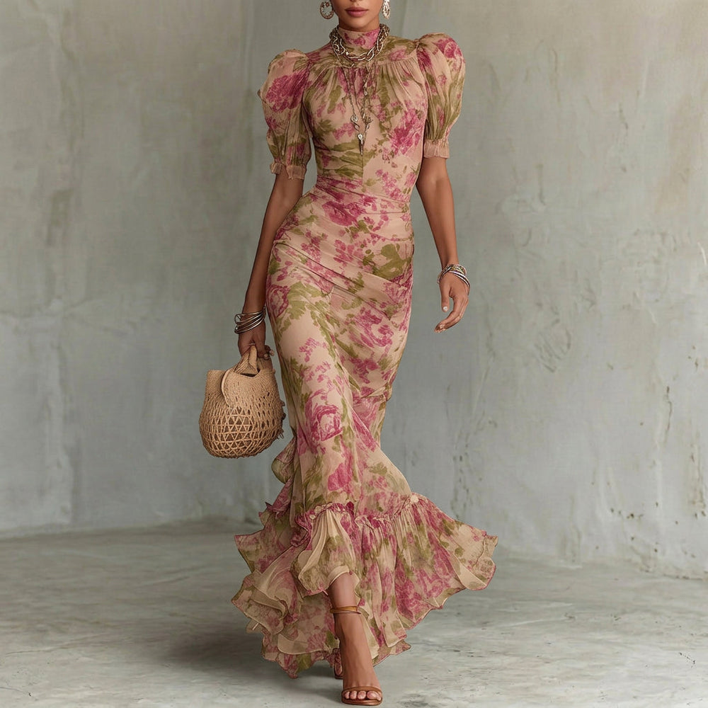 Flor - Vestido longo com padrão vintage de rosas