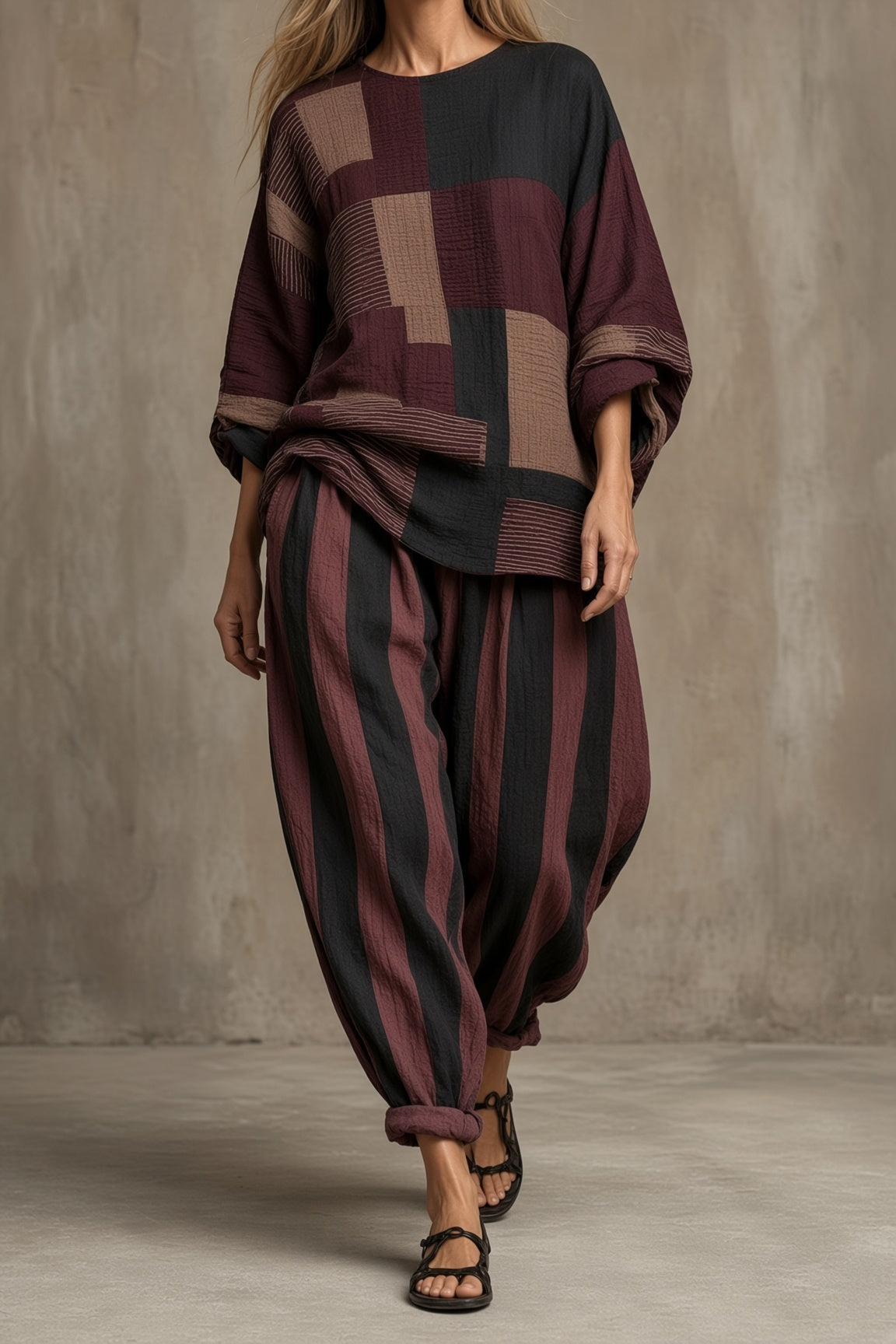 Noémia | Conjunto Artístico de Top e Calça às Riscas