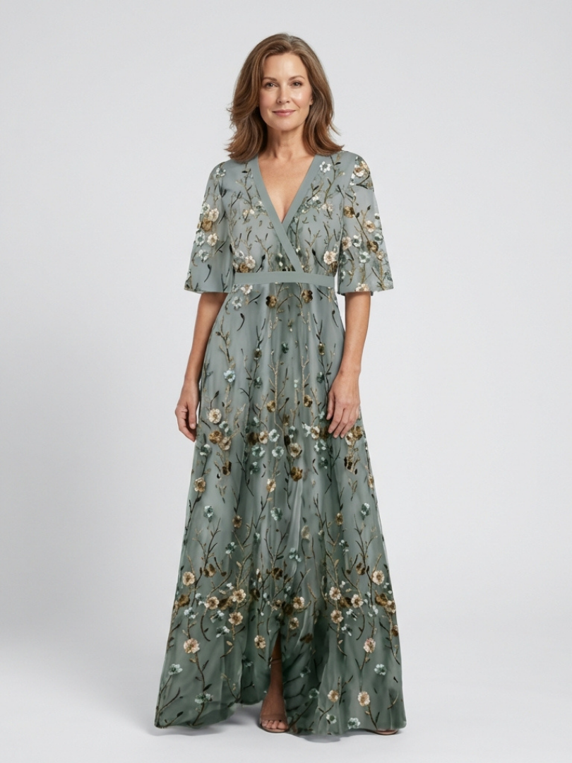 Elga – Vestido longo florido com decote em V