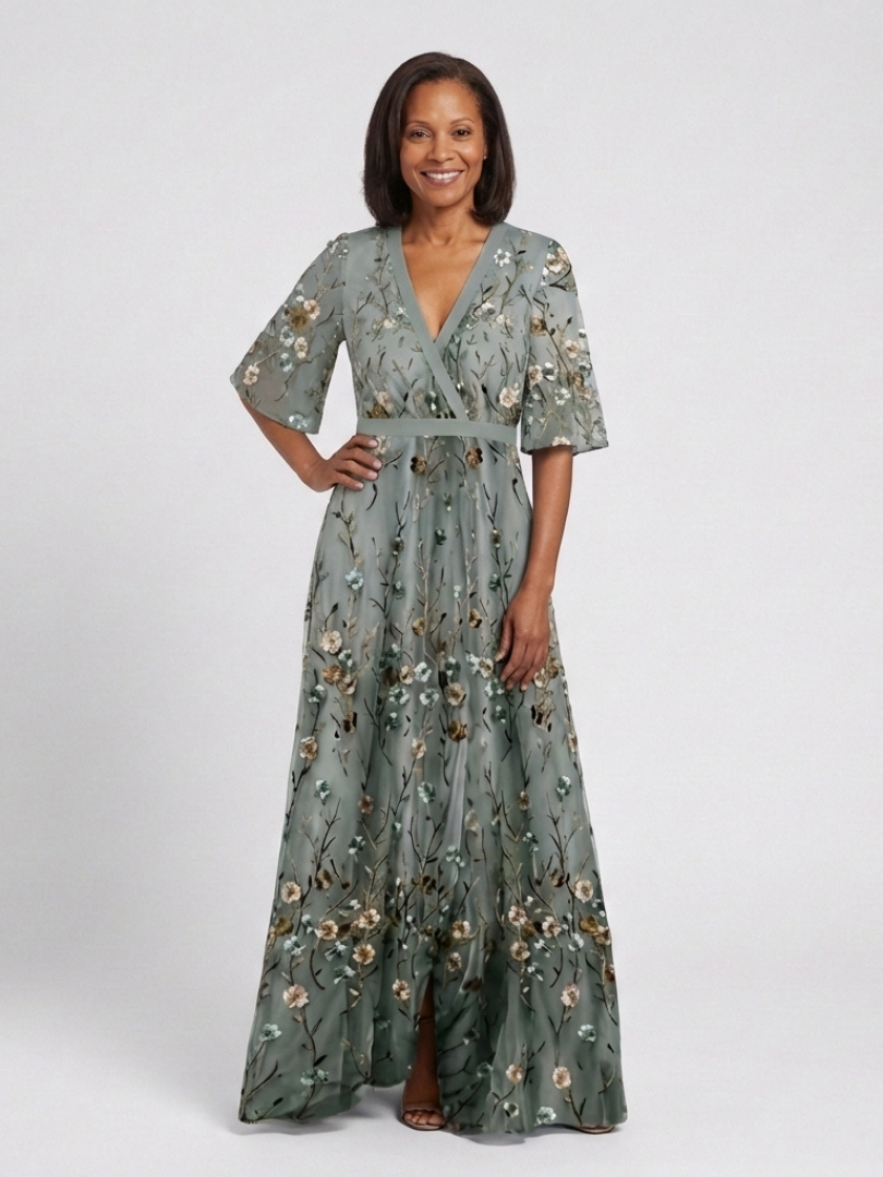 Elga – Vestido longo florido com decote em V