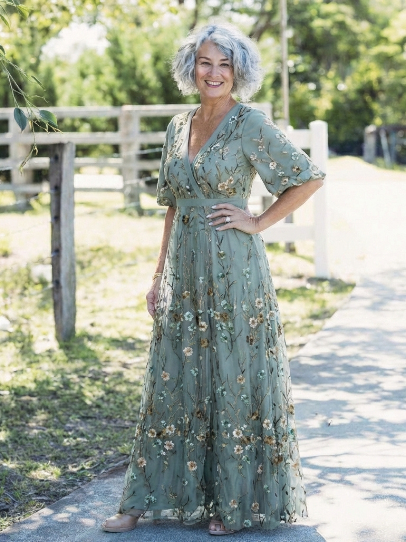 Elga – Vestido longo florido com decote em V