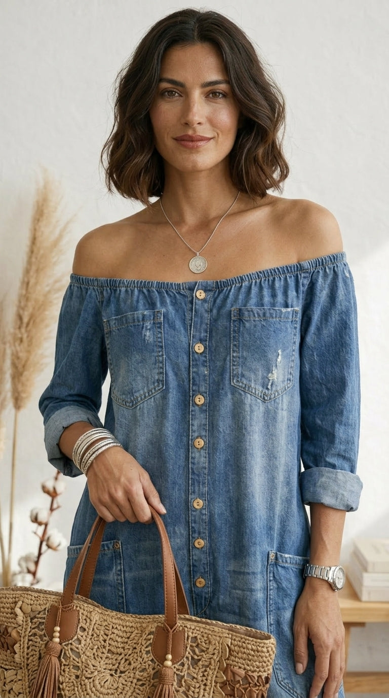 Maria Douro - Macacão de Denim com Ombros à Mostra
