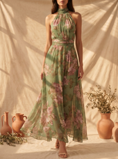 Lídia | Vestido Comprido Floral de Decote Halter