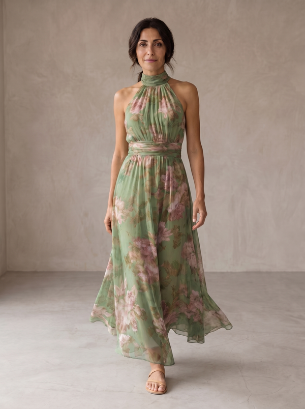 Lídia | Vestido Comprido Floral de Decote Halter