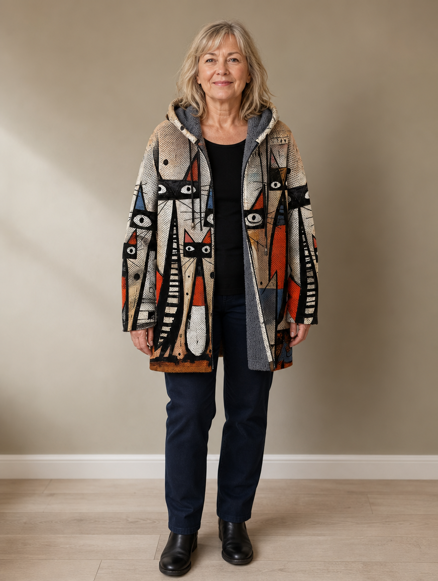 Renata | Casaco Estampado Creme e Vermelho com Capuz