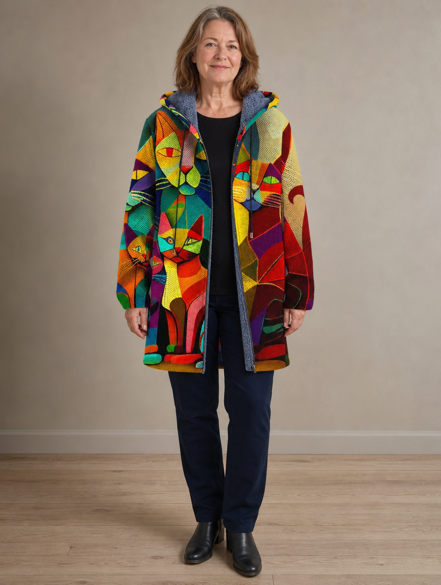 Raquel | Casaco Multicolor com Gatos e Capuz