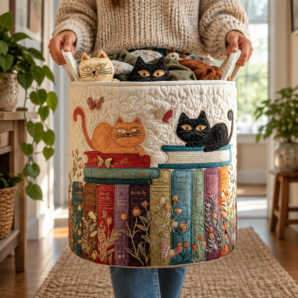 Gato e Livros | Cesto de Roupa Feito à Mão