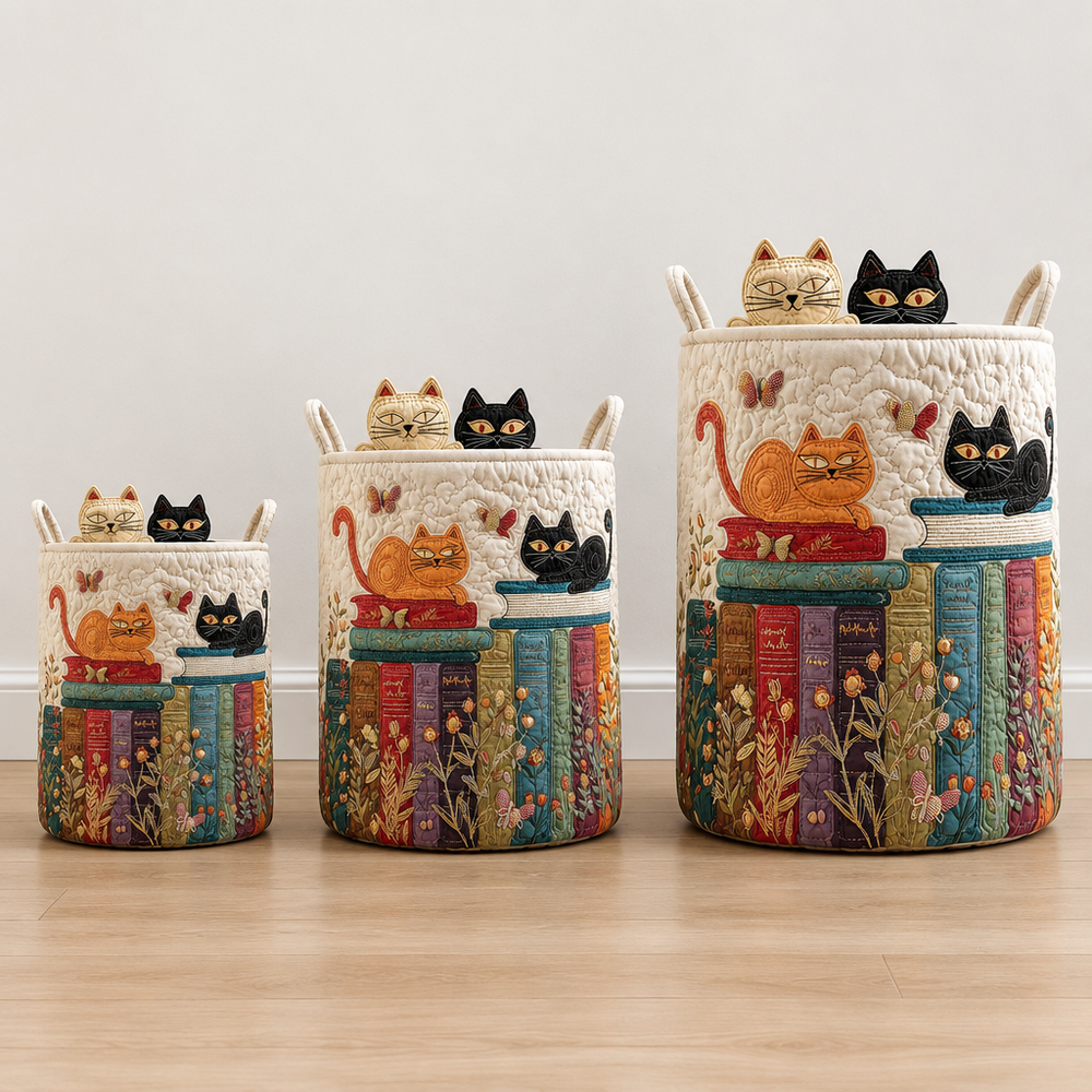 Gato e Livros | Cesto de Roupa Feito à Mão