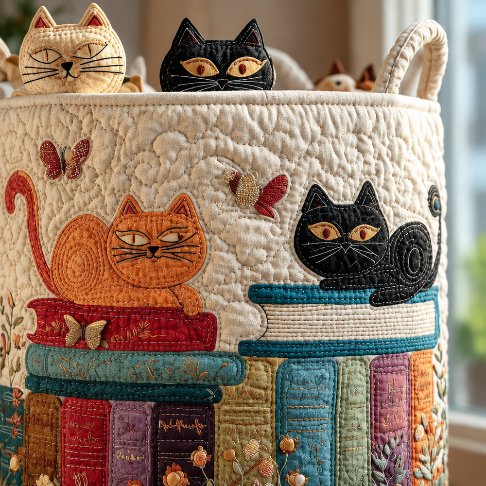 Gato e Livros | Cesto de Roupa Feito à Mão