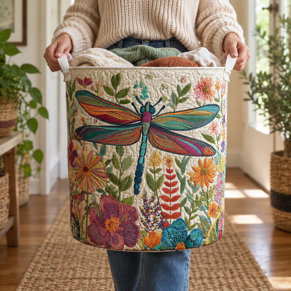 Libélula e Flores | Cesto de Roupa Feito à Mão