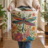 Libélula e Flores | Cesto de Roupa Feito à Mão
