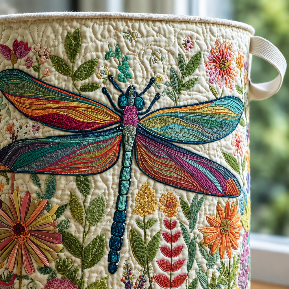 Libélula e Flores | Cesto de Roupa Feito à Mão