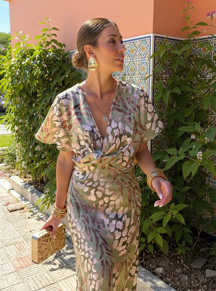 Higínia | Vestido Midi Estampado em Tons de Cobre