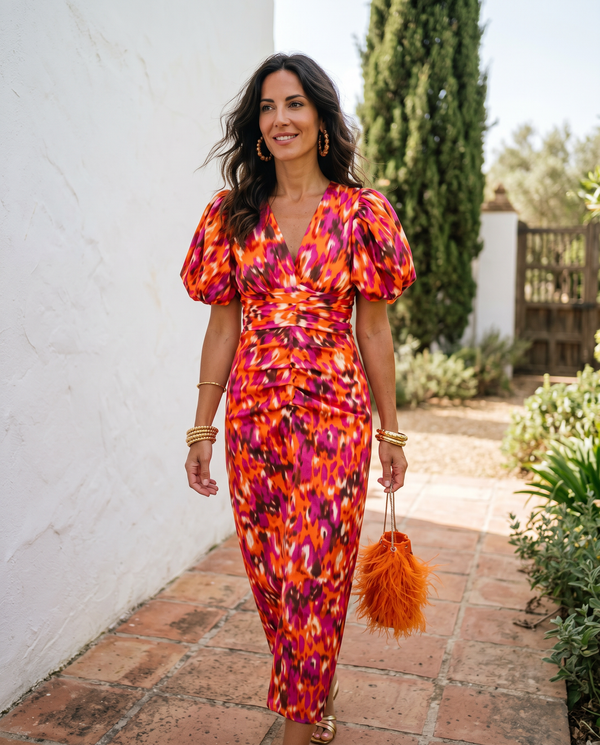 Carla | Vestido Midi Floral com Mangas de Balão