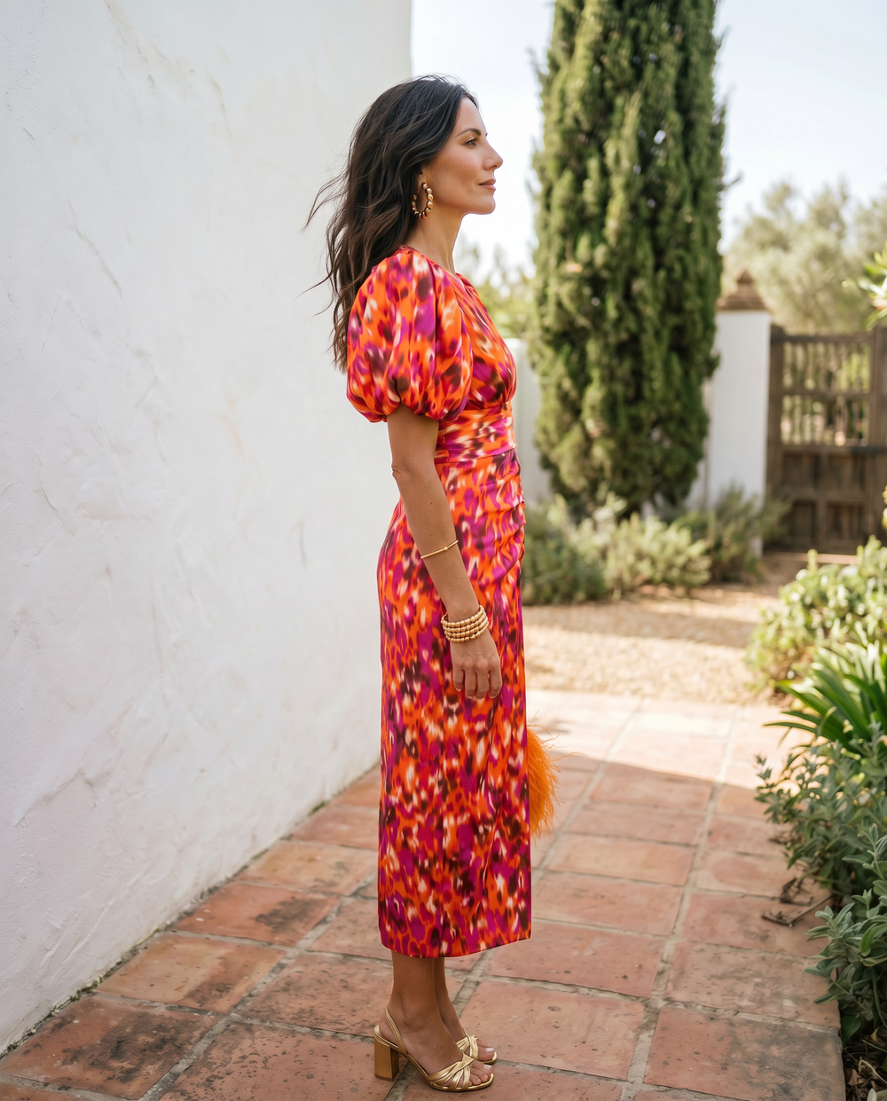 Carla | Vestido Midi Floral com Mangas de Balão