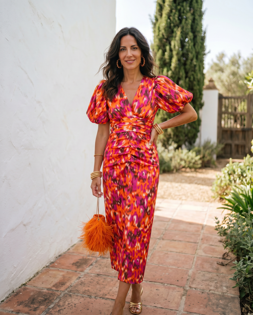 Carla | Vestido Midi Floral com Mangas de Balão