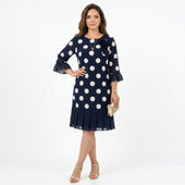 Clara - Vestido Azul Marinho às Bolinhas com Detalhe de Folhos