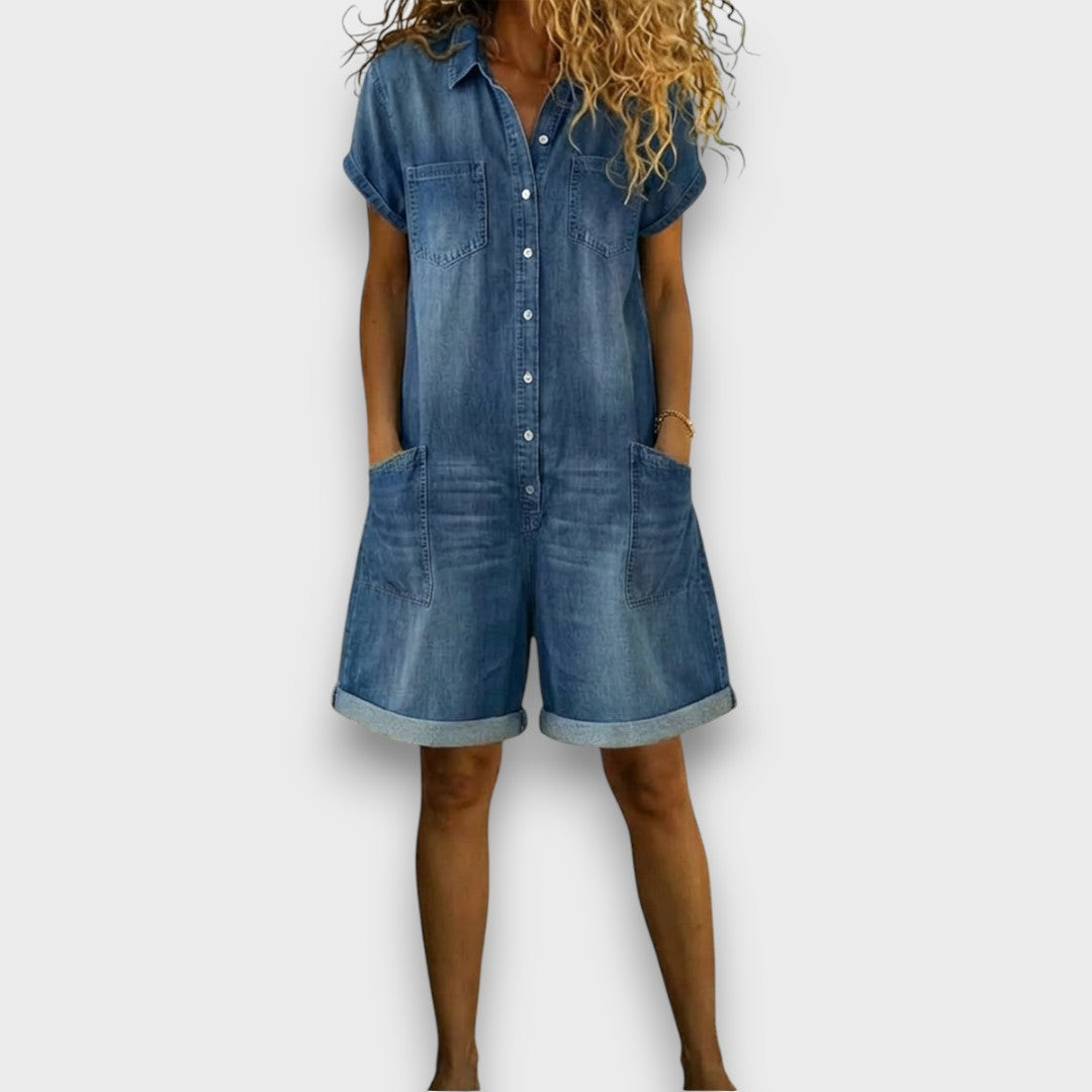 Cátia - Macacão Curto Vintage em Algodão com Aspeto de Denim