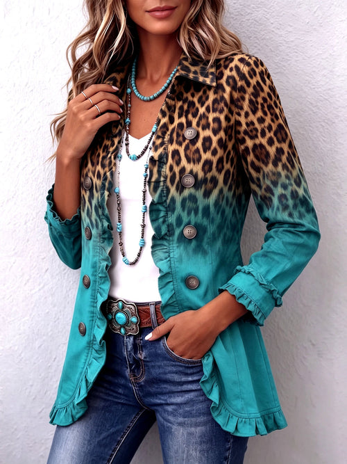 Elspeth – Blazer jakna z volani in leopardjim ombre vzorcem