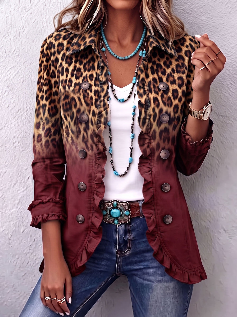 Elspeth – Blazer jakna z volani in leopardjim ombre vzorcem