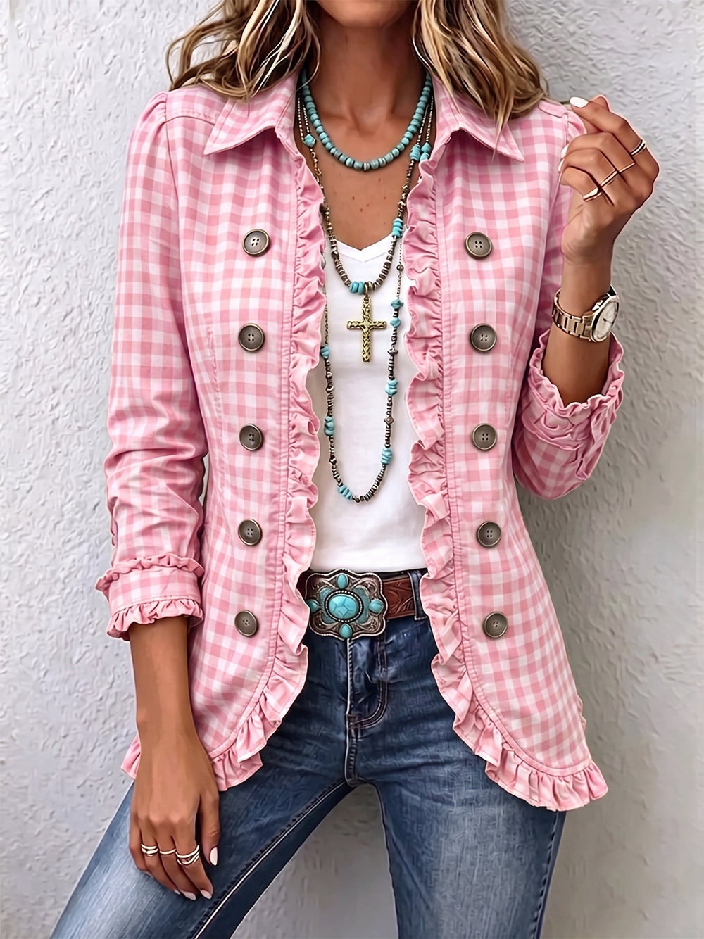 Charlene – Karirasta (gingham) jakna z volani in gumbi