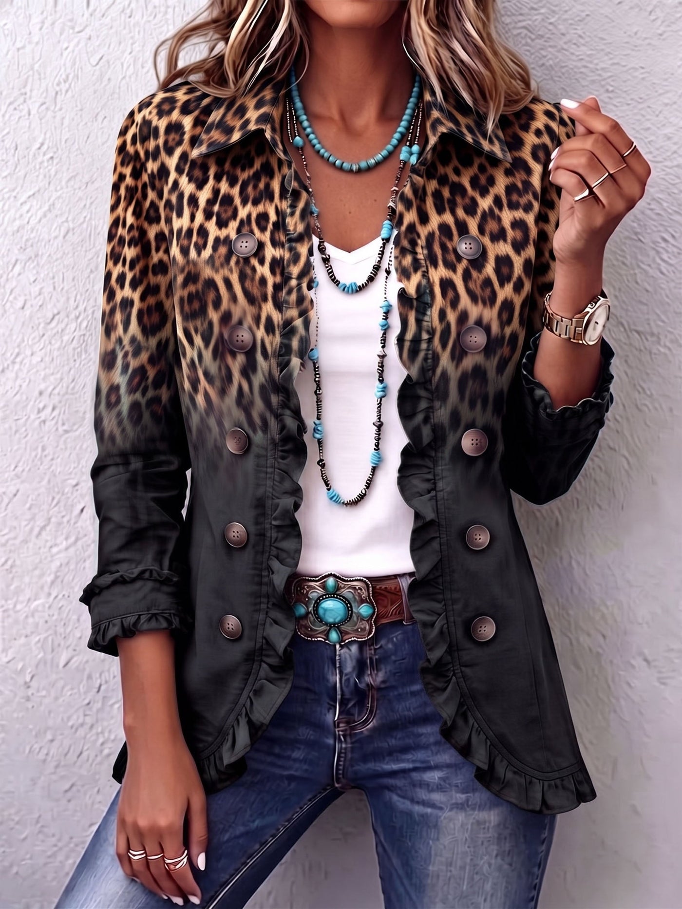 Sabina – Blazer jakna z volani in leopardjim ombre vzorcem