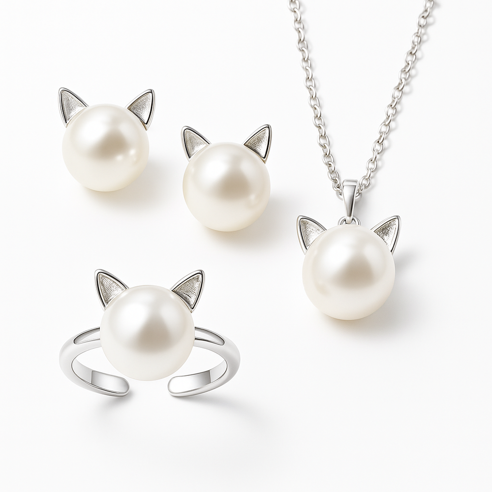 Conceição | Conjunto Colar, Brincos e Anel Gatinho com Pérola